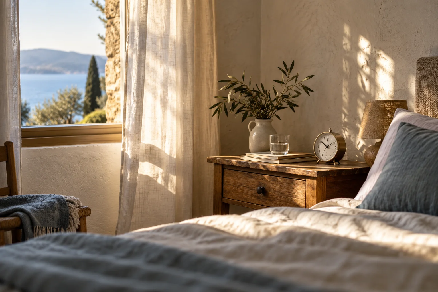 La luz de la mañana entra entre cortinas junto a un reloj sobre una mesita