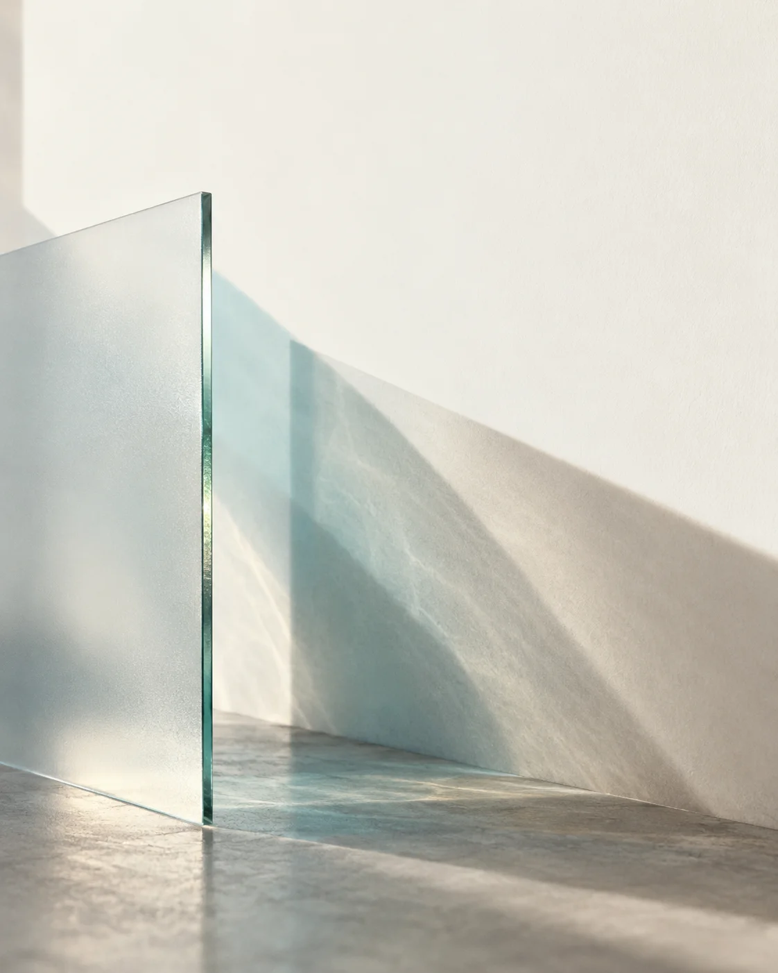 Una lámina de vidrio proyecta reflejos azulados sobre una pared clara